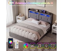 Opbergbed 140x200 cm Lichtgrijs met Stoffen Bekleding, LED-hoofdbord, USB-poorten en Ruime Bedbox
