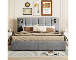 Opbergbed 140x200 cm – Luxe grijs fluwelen tweepersoonsbed met 2 leeslampjes – Slaapkamerbed met praktische opbergvakken
