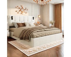 Opbergbed 140x200 cm – Luxe tweepersoonsbed in beige fluweel met 2 leeslampjes en opbergruimte