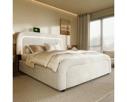Opbergbed 140x200 cm met 4 lades en USB Type C-oplader, volwassen bed met lattenbodem, Sherpa-lakenstof, wit (matras niet inbegrepen)