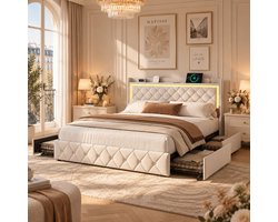 Opbergbed 140x200 cm met 4 lades, tweepersoonsbed met lattenbodem, hoofdbord met ledverlichting en USB- en Type-C-aansluiting, 2-persoonsbed voor volwassenen en tieners, fluweel, Beige