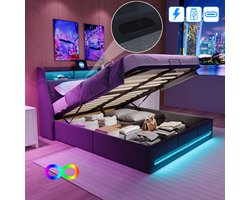 Opbergbed 140x200 cm met hydraulische functie , LED-Verlichting & USB-oplader – Modern Tweepersoonsbed met Opbergruimte, Grijs