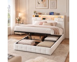Opbergbed 140x200 cm met hydraulische opbergruimte, Tweepersoonsbed met led- en usb-aansluiting, bedframe met lattenbodem en opbergbaar hoofdeinde, gestoffeerd bed, fluweel Beige