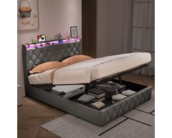Opbergbed 140x200 cm met lattenbodem, led- en usb-aansluiting, Tweepersoonsbed gestoffeerd met hydraulische opbergruimte, gecapitonneerd 2-zitsbedframe met hoofdbord en open planken (Flanel Grijs)