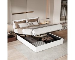 Opbergbed 140x200 cm met lattenbodem, Tweepersoonsbed met hydraulisch opbergvak en stekkerdoos, in hoogte verstelbaar gestoffeerd hoofdeinde, bedframe voor volwassenen en tieners, Teddyfluweel Wit