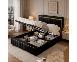 Opbergbed 140x200 cm met lattenbodem, tweepersoonsbed met hydraulische opbergruimte en hoofdbord met verguld, gestoffeerd voor volwassenen en tieners, fluweel Zwart