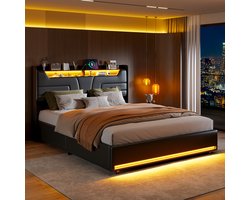 Opbergbed 140x200 cm met LED en USB - Inclusief lattenbodem en hoofdeinde opbergruimte, tweepersoonsbed voor volwassenen en tieners,PU Zwart(Zonder Matras)