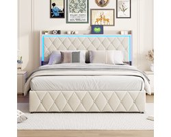 Opbergbed 140x200 cm – Tweepersoonsbed – Beige fluwelen gaslift bed – Hoofdbord met LED-sfeerverlichting & USB-oplaadfunctie – Multifunctioneel slaapkamerbed