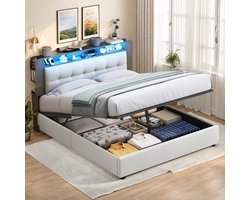 Opbergbed 140x200 cm, tweepersoonsbed in beige velvet met hoofdbord opbergruimte, draadloze oplader, LED licht en gasveer opbergsysteem