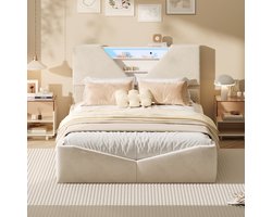 Opbergbed 140x200 cm – Tweepersoonsbed Met Gestoffeerd Hoofdbord, Geometrisch Design, Ingebouwde LED en Opbergruimte, Voor Volwassenen en Jongeren, Beige Fluweel
