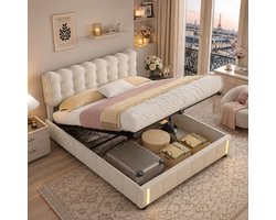 Opbergbed 140x200 cm, Tweepersoonsbed met lattenbodem en slimme LED-verlichting met sensor - Gestoffeerd met dik pluche hoofdbord, metalen bedframe, Fluwelen Beige