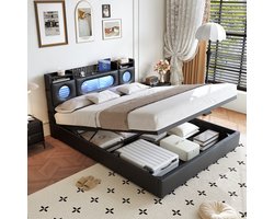 Opbergbed 140x200 cm – Tweepersoonsbed – Zwart PU-leer – Hydraulisch bed met LED-verlichting, hoofdbord-opbergruimte, USB & Type-C