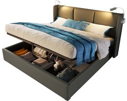Opbergbed 140x200 met leeslamp, USB-laadfunctie en lattenbodem - gestoffeerd bed grijs