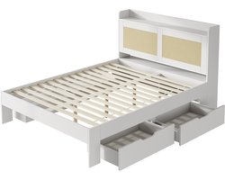 Opbergbed 140x200cm houten bed , tweepersoonsbed, functioneel bed, met rotan decor, lades, met opbergruimte, zonder matras, geschikt voor volwassenen en tieners, wit