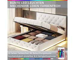 Opbergbed 140x200cm, LED-verlichting, verstelbaar hoofdeinde, ruime opslagruimte, modern en comfortabel bed voor slaapkamer, Beige