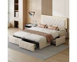 Opbergbed 140x200cm PU Beige met LED, 4 Laden & Verstelbaar Hoofdeinde