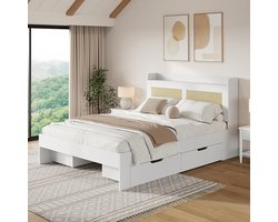 Opbergbed 140x200cm, tweepersoonsbed, functioneel bed, massief houten bed met rotan decor, lades, met opbergruimte, zonder matras, geschikt voor volwassenen en tieners, wit
