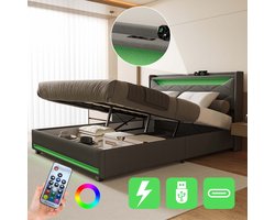 Opbergbed 140x200cm – Tweepersoonsbed met LED Lichtstrip Hoofd- & Voeteinde, Hoofdboard USB Oplaadpoort, Grijze Stof, Comfortabel en Multifunctioneel