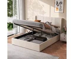 Opbergbed 160x200 cm - Beige Bedframe in Linnen Look - Tweepersoonsbed met Hydraulisch Opbergsysteem en Ruime Opbergruimte
