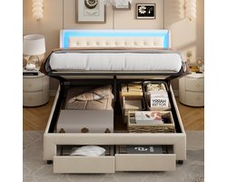 Opbergbed 160x200 cm Beige Fluweel - Hydraulisch Bed met LED-Verlichting en Lades