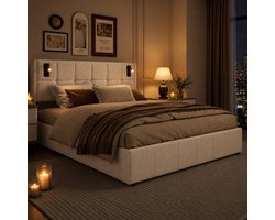 Opbergbed 160x200 cm beige fluweel met hoofdbord, 2 LED-leeslampjes en hydraulische opbergruimte, gestoffeerd tweepersoonsbed