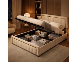 Opbergbed 160x200 cm Beige Fluweel – Tweepersoonsbed met Ruime Opbergruimte, Gouden Sierrand en Lattenbodem