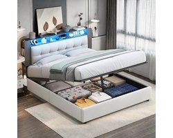 Opbergbed 160x200 cm – Beige fluwelen tweepersoonsbed – Gaslift opslag, hoofdbord-opbergruimte, LED-sfeerverlichting & draadloos opladen