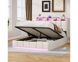 Opbergbed 160x200 cm Beige – Gestoffeerd Tweepersoonsbed met Gasveer, LED Hoofd- en Voetbord, USB/Type-C Oplaadpoort – Linnen Bedframe