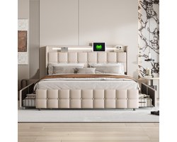Opbergbed 160x200 cm Beige Linnen – Tweepersoons met 4 Laden, LED Hoofdbord & USB