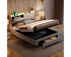 Opbergbed 160x200 cm crèmewit met opbergruimte in het hoofdbord, lade, LED-verlichting en USB-oplaadpoort, gestoffeerd tweepersoonsbed