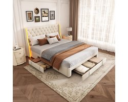 Opbergbed 160x200 cm Fluwelen Bedframe met LED-verlichting en 3 Metalen Lades, Comfortabel Slaapbed voor de Slaapkamer – Beige