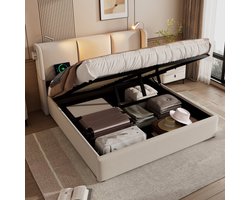 Opbergbed 160x200 cm – Gestoffeerd Tweepersoonsbed met Hydraulische Bedkist – Bed met USB en Leeslamp in Hoofdbord – Linnen Bedframe Beige