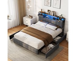 Opbergbed 160x200 cm grijs fluweel met opberghoofdbord, RGB LED, USB-C en 4 lades