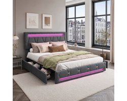 Opbergbed 160x200 cm grijs linnen met 4 lades, LED-verlichting, USB-oplaadpunt en verstelbaar hoofdbord, gestoffeerd tweepersoonsbed