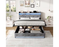Opbergbed 160x200 cm grijs linnen met hydraulische opbergruimte, LED-verlichting en draadloos opladen, gestoffeerd tweepersoonsbed