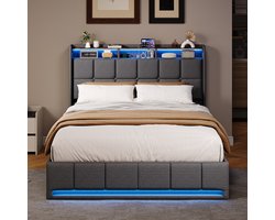 Opbergbed 160x200 cm Grijs – Linnen Tweepersoonsbed met Gasveer, LED Hoofd- & Voetbord, USB/Type-C