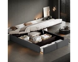 Opbergbed 160x200 cm – Grijs Linnenstof Bed met 2 Lades – Tweepersoons Bedframe met Opbergruimte – Modern Slaapkamer Bed