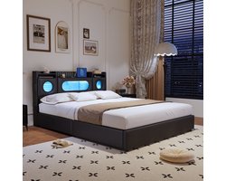 Opbergbed 160x200 cm – Hydraulisch tweepersoonsbed – Zwart PU-leer – Met LED-hoofdbord, opbergruimte, USB & Type-C