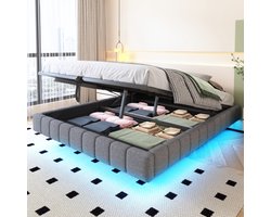 Opbergbed 160x200 cm, hydraulisch zwevend bedframe met opbergruimte, multifunctioneel opbergbed zonder hoofdeinde met ledverlichting, linnen grijs