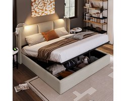 Opbergbed 160x200 cm in Beige met hydraulische functie & 2 Leeslampen – Modern Tweepersoonsbed met Opbergruimte