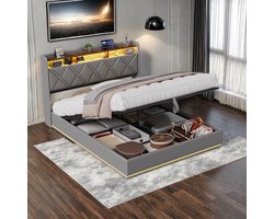 Opbergbed 160x200 cm met Hydraulische Opbergruimte, RGB LED, USB en USB-C – Grijs Linnen Tweepersoonsbed