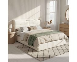 Opbergbed 160x200 cm - met Laadstation (USB & Type-C) - ADFBL - Bed met 4 Lades & Boekenkast Hoofdbord - LED Leeslamp met Touch - Modern Tweepersoonsbed - Wit Kunstleer