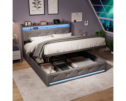 Opbergbed 160x200 cm met LED-verlichting, Draadloos Opladen en USB/Type-C, Gestoffeerd Tweepersoonsbed met Opberg Hoofdeinde en Lattenbodem, Modern LED Bed, Grijs Linnen