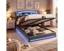 Opbergbed 160x200 cm met opbergruimte, hydraulische lift, gestoffeerd Tweepersoonsbed met ledverlichting en USB/USB-C-poort, opbergbaar hoofdeinde, bed met lattenbodem, fluweel Grijs