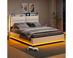 Opbergbed 160x200 cm, tweepersoons bed met led-verlichting en USB-poort, gestoffeerd bed met opbergvak en hoofdeinde, bedframe voor volwassenen, tienermeisje, beige fluweel (zonder matras)