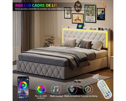 Opbergbed 160x200 cm – Tweepersoonsbed – Beige fluwelen gaslift bed – Hoofdbord met LED-sfeerverlichting, USB-oplaadfunctie, multifunctioneel slaapkamerbed