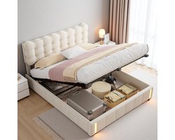 Opbergbed 160x200 cm – Tweepersoonsbed – Beige fluwelen gaslift bed – Met opbergruimte en LED-voetbordverlichting