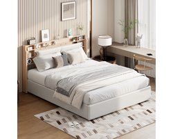 Opbergbed 160x200 cm wit PU-leer met 3-vaks opberghoofdbord, hydraulische opbergruimte en gestoffeerd tweepersoonsbed