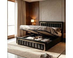 Opbergbed 160x200 cm – Zwart Gestoffeerd Tweepersoonsbed met Gaslift en Ruime Opbergruimte