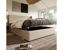 Opbergbed 160x200cm Tweepersoons Linnen Beige met Gaslift – Praktisch & Stijlvol